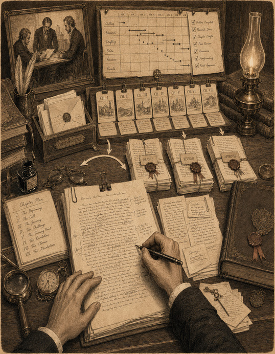 A vintage engraving of a chapter plan and progress tracker on a writing desk, with a hand drafting a manuscript page by lamplight